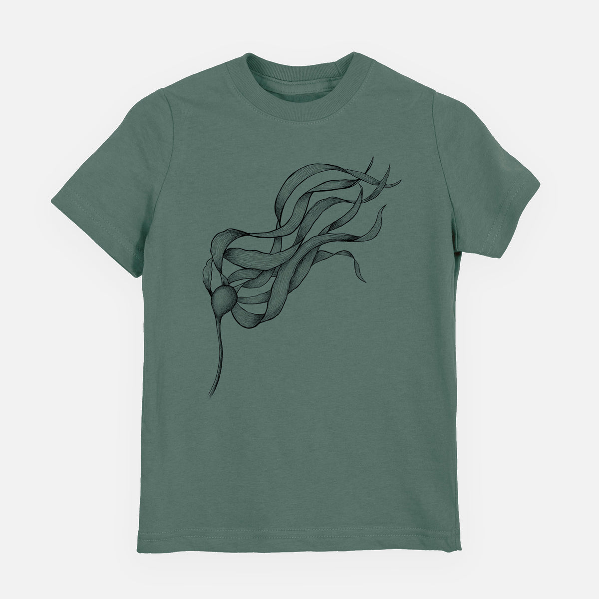 Basil green youth t-shirt laid flat, printed with a black ink line drawing of a strand of bull kelp with long flowing blades.