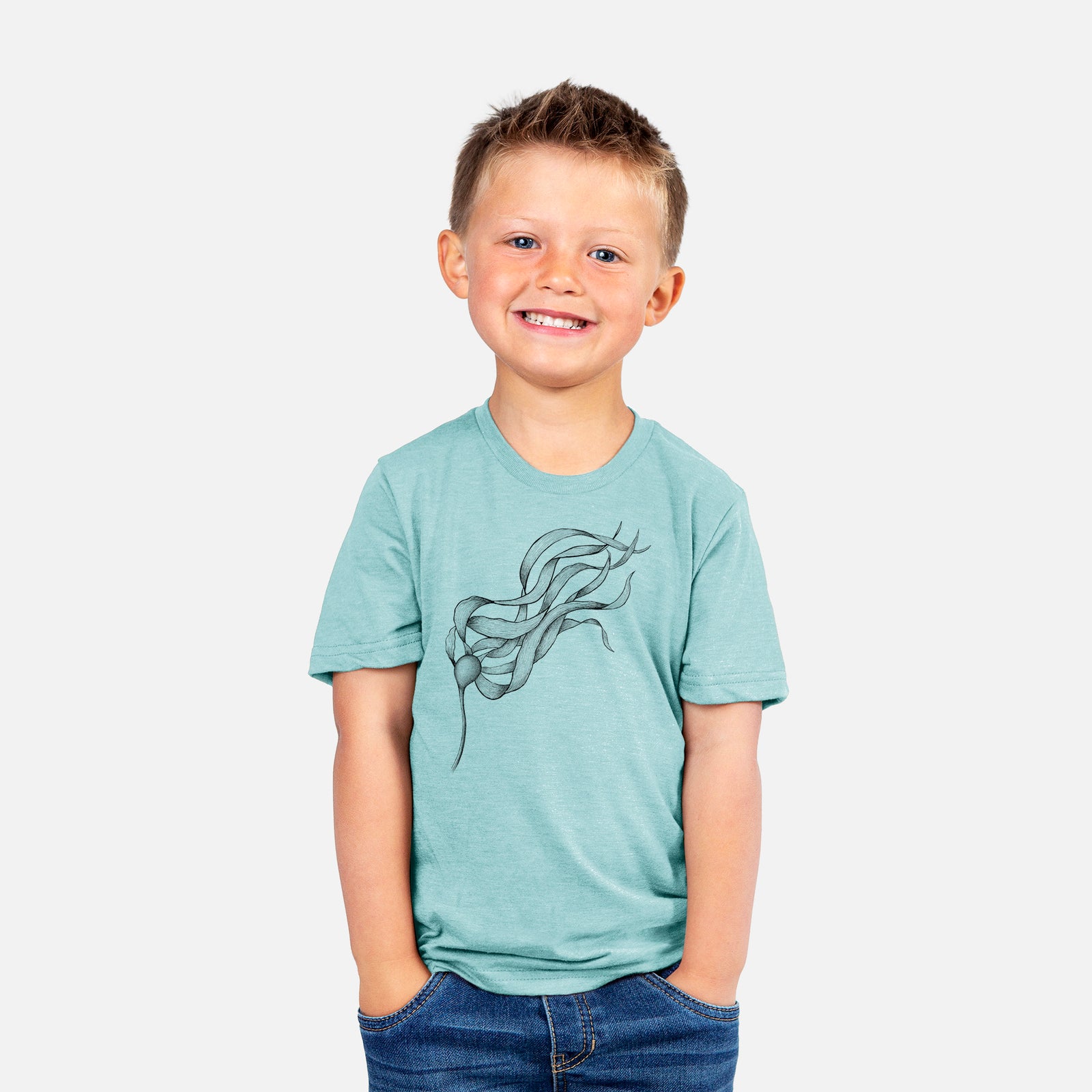 Two youth t-shirts in different colors on hangers, printed with a black ink line drawing of a strand of bull kelp with long flowing blades.