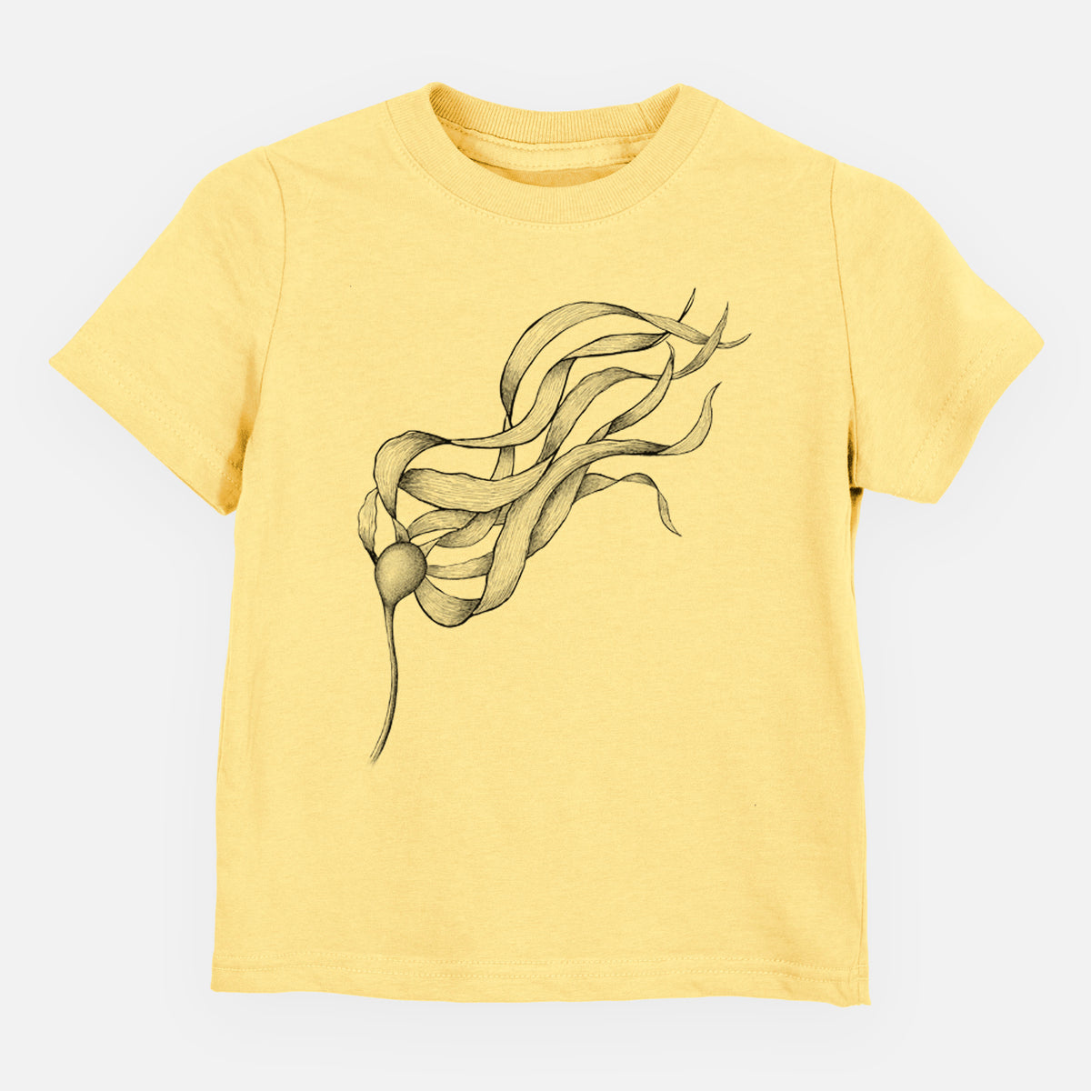 Butter yellow toddler t-shirt laid flat, printed with a black ink line drawing of a strand of bull kelp with long flowing blades.