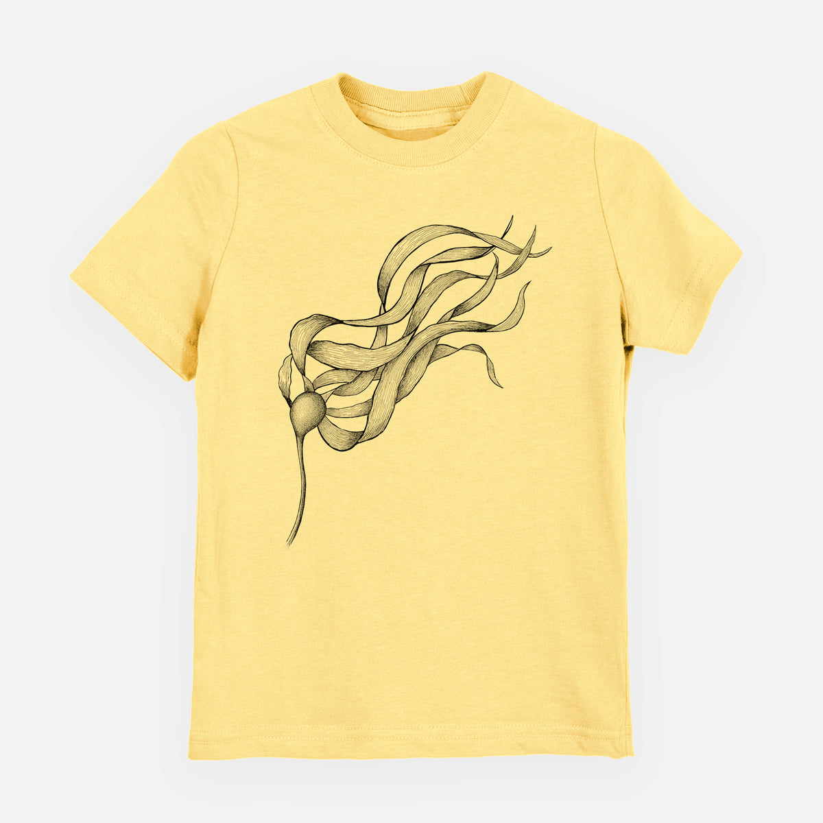Butter yellow youth t-shirt laid flat, printed with a black ink line drawing of a strand of bull kelp with long flowing blades.