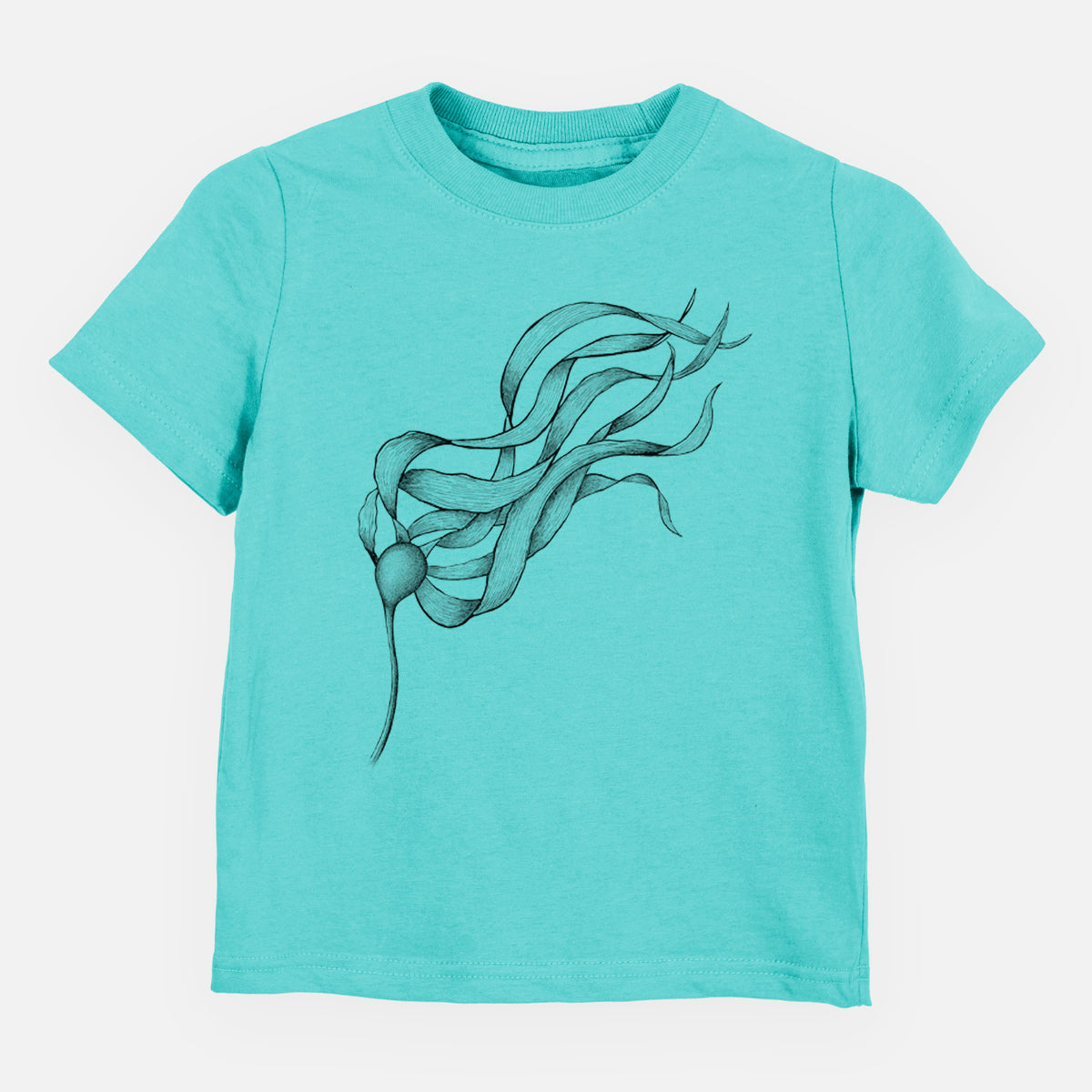 Caribbean blue toddler t-shirt laid flat, printed with a black ink line drawing of a strand of bull kelp with long flowing blades.