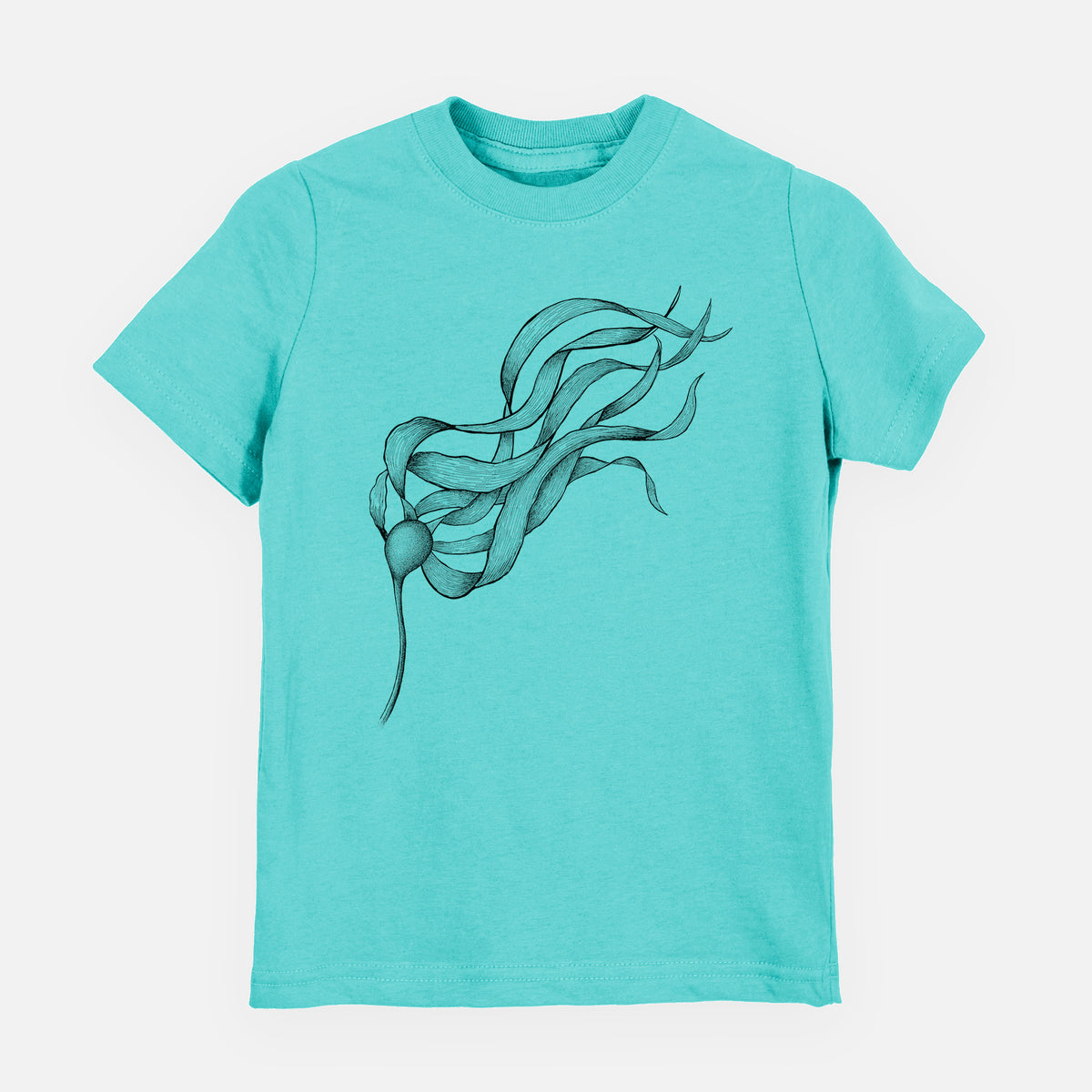 Caribbean blue youth t-shirt laid flat, printed with a black ink line drawing of a strand of bull kelp with long flowing blades.