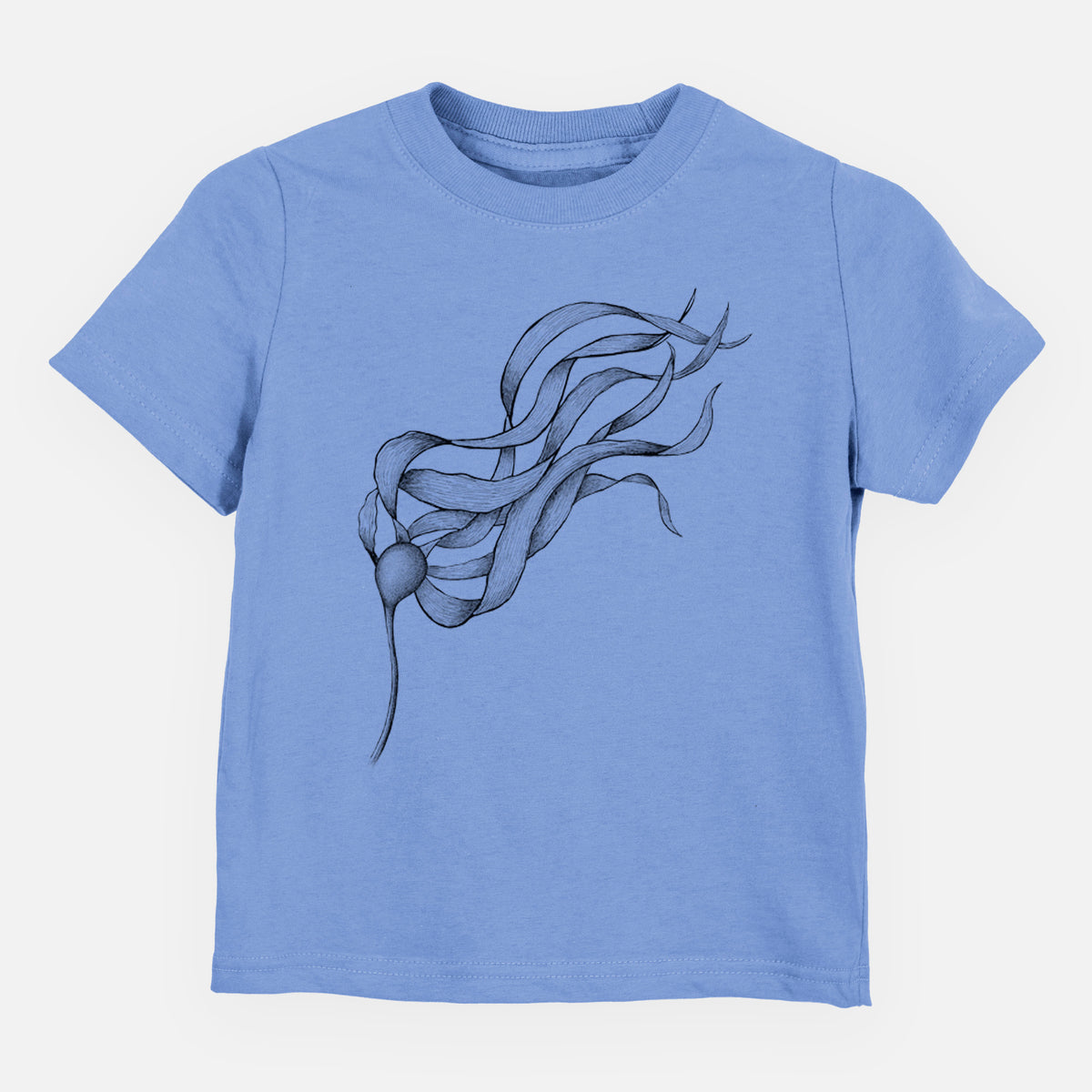 Carolina blue toddler t-shirt laid flat, printed with a black ink line drawing of a strand of bull kelp with long flowing blades.