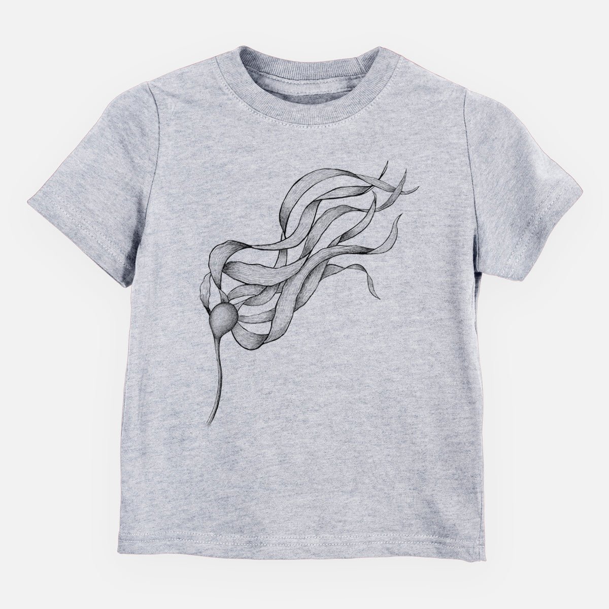 Heather grey toddler t-shirt laid flat, printed with a black ink line drawing of a strand of bull kelp with long flowing blades.