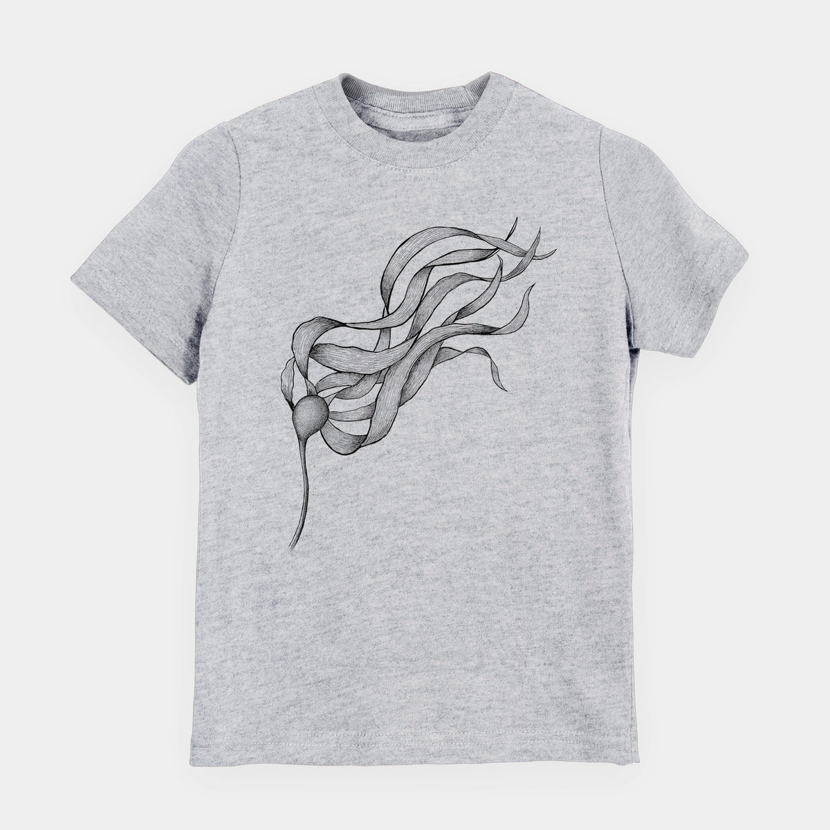 Heather grey youth t-shirt laid flat, printed with a black ink line drawing of a strand of bull kelp with long flowing blades.