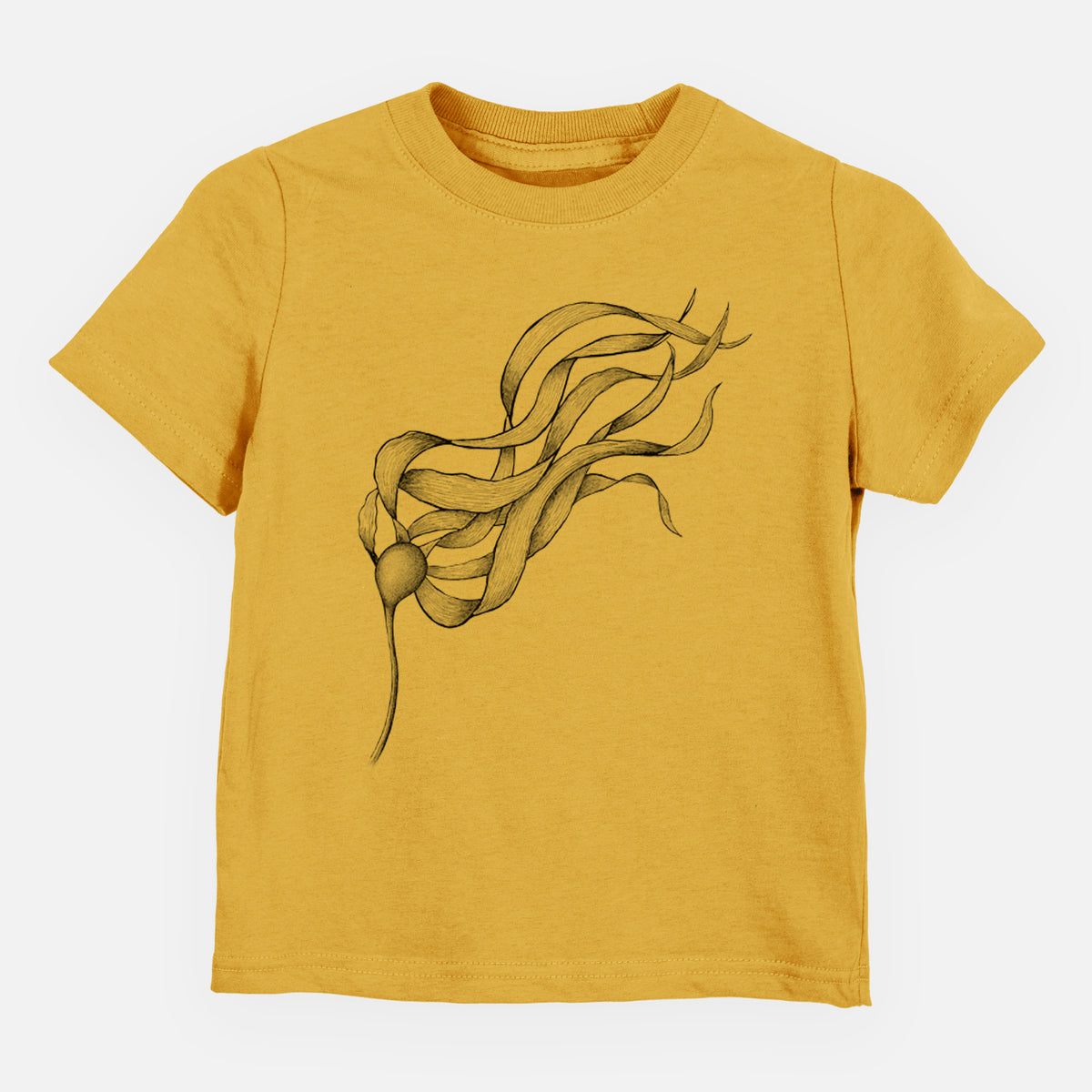 Honeycomb yellow toddler t-shirt laid flat, printed with a black ink line drawing of a strand of bull kelp with long flowing blades.