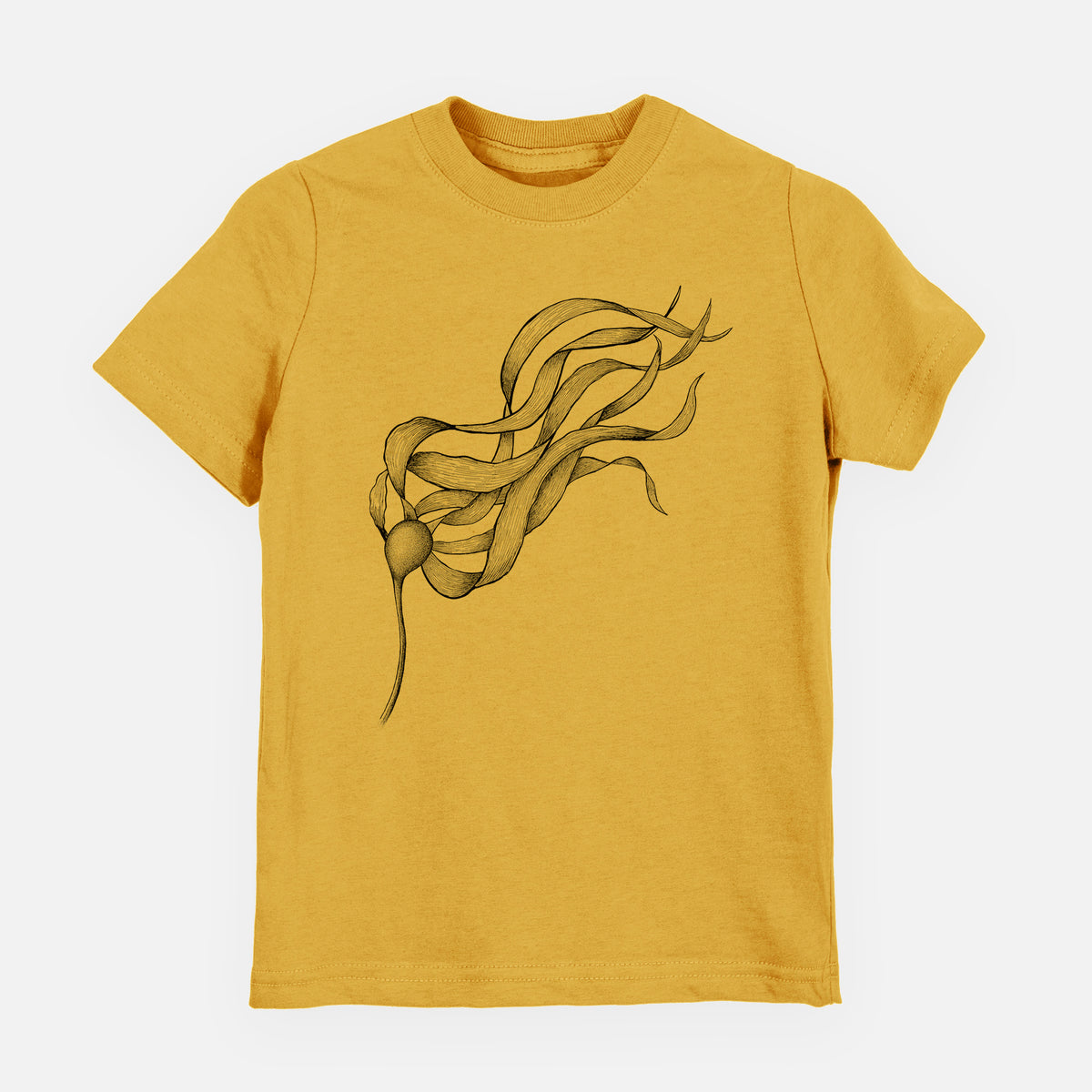Honeycomb yellow youth t-shirt laid flat, printed with a black ink line drawing of a strand of bull kelp with long flowing blades.