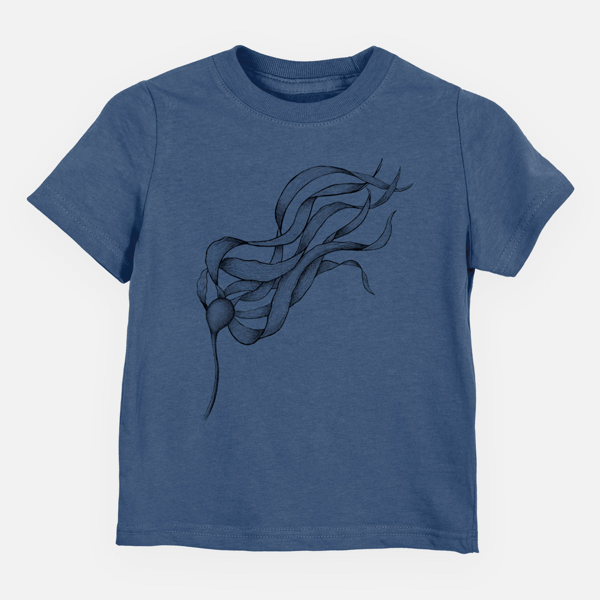 Indigo blue toddler t-shirt laid flat, printed with a black ink line drawing of a strand of bull kelp with long flowing blades.