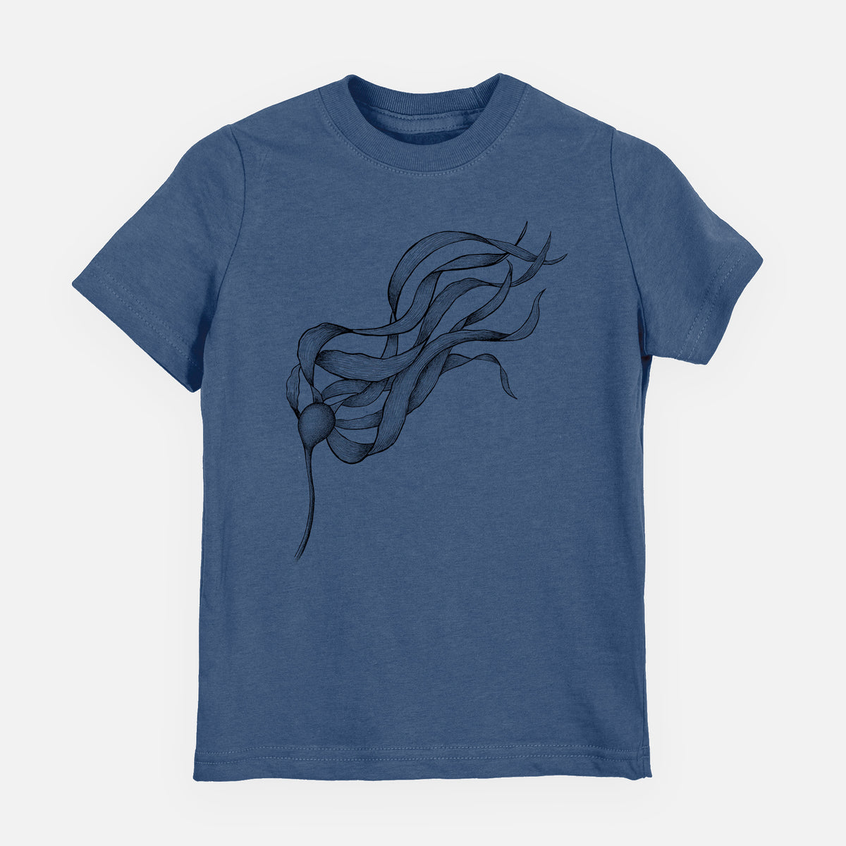 Indigo blue youth t-shirt laid flat, printed with a black ink line drawing of a strand of bull kelp with long flowing blades.
