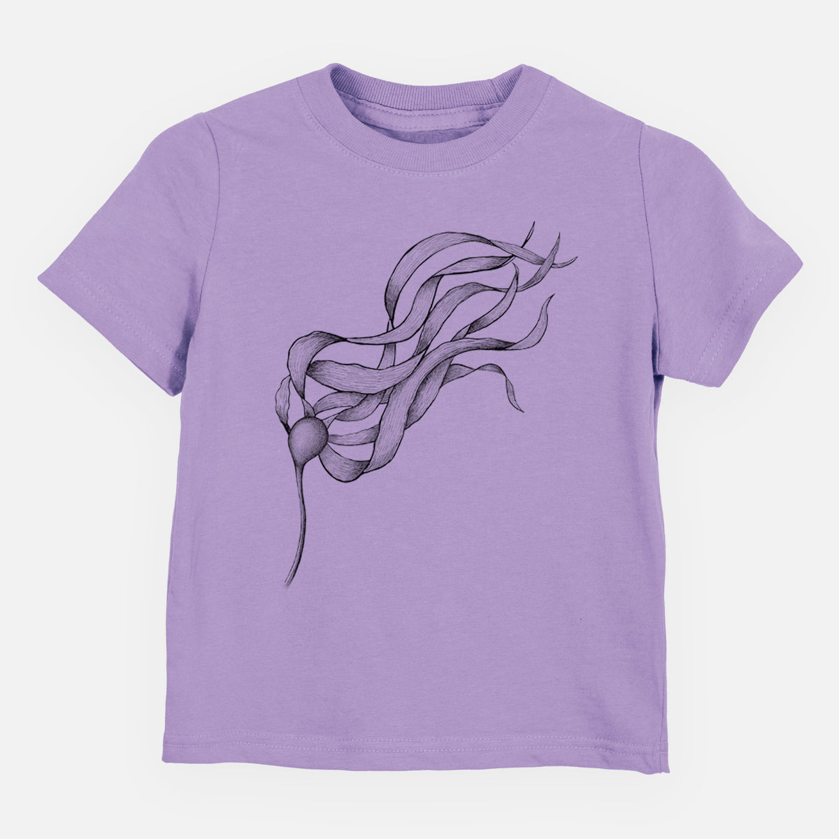 Lavender toddler t-shirt laid flat, printed with a black ink line drawing of a strand of bull kelp with long flowing blades.