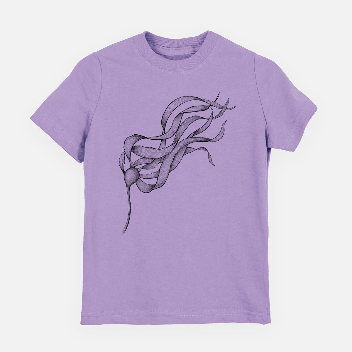 Lavender youth t-shirt laid flat, printed with a black ink line drawing of a strand of bull kelp with long flowing blades.