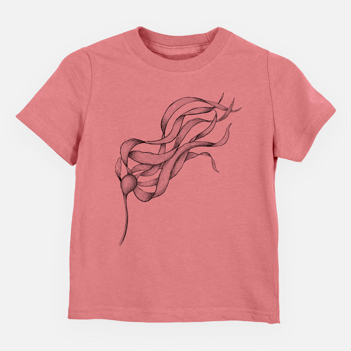 Mauve pink toddler t-shirt laid flat, printed with a black ink line drawing of a strand of bull kelp with long flowing blades.