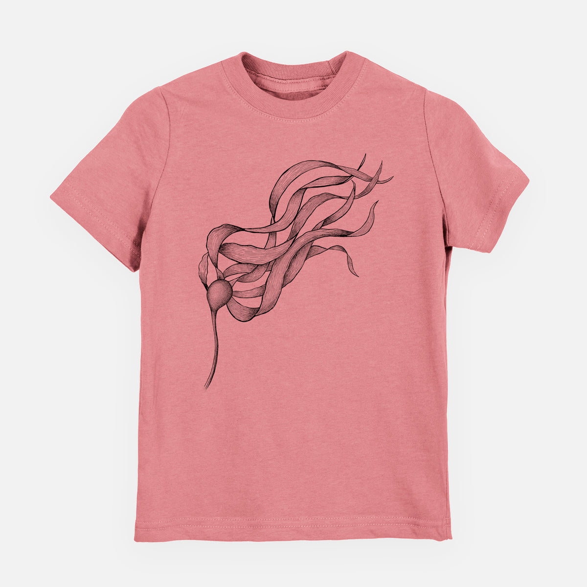 Mauve pink youth t-shirt laid flat, printed with a black ink line drawing of a strand of bull kelp with long flowing blades.
