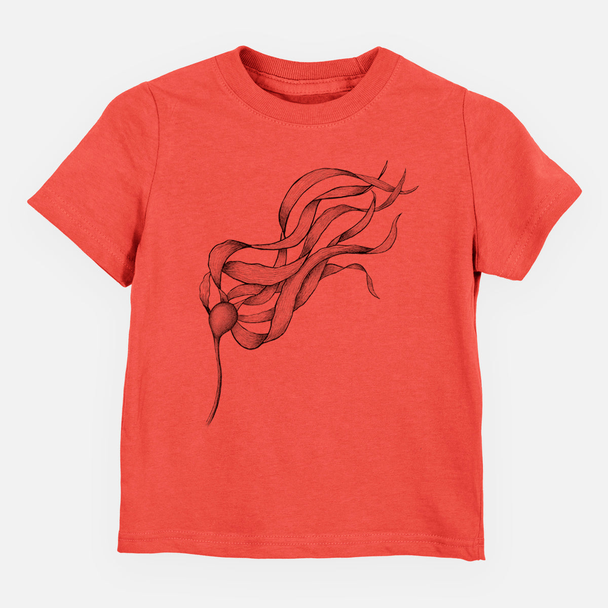 Passionfruit pink toddler t-shirt laid flat, printed with a black ink line drawing of a strand of bull kelp with long flowing blades.