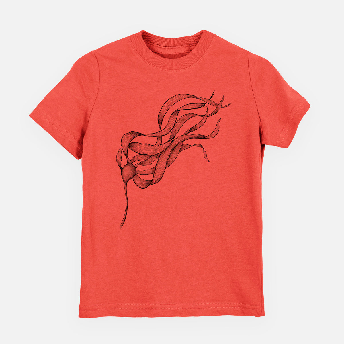 Passionfruit pink youth t-shirt laid flat, printed with a black ink line drawing of a strand of bull kelp with long flowing blades.