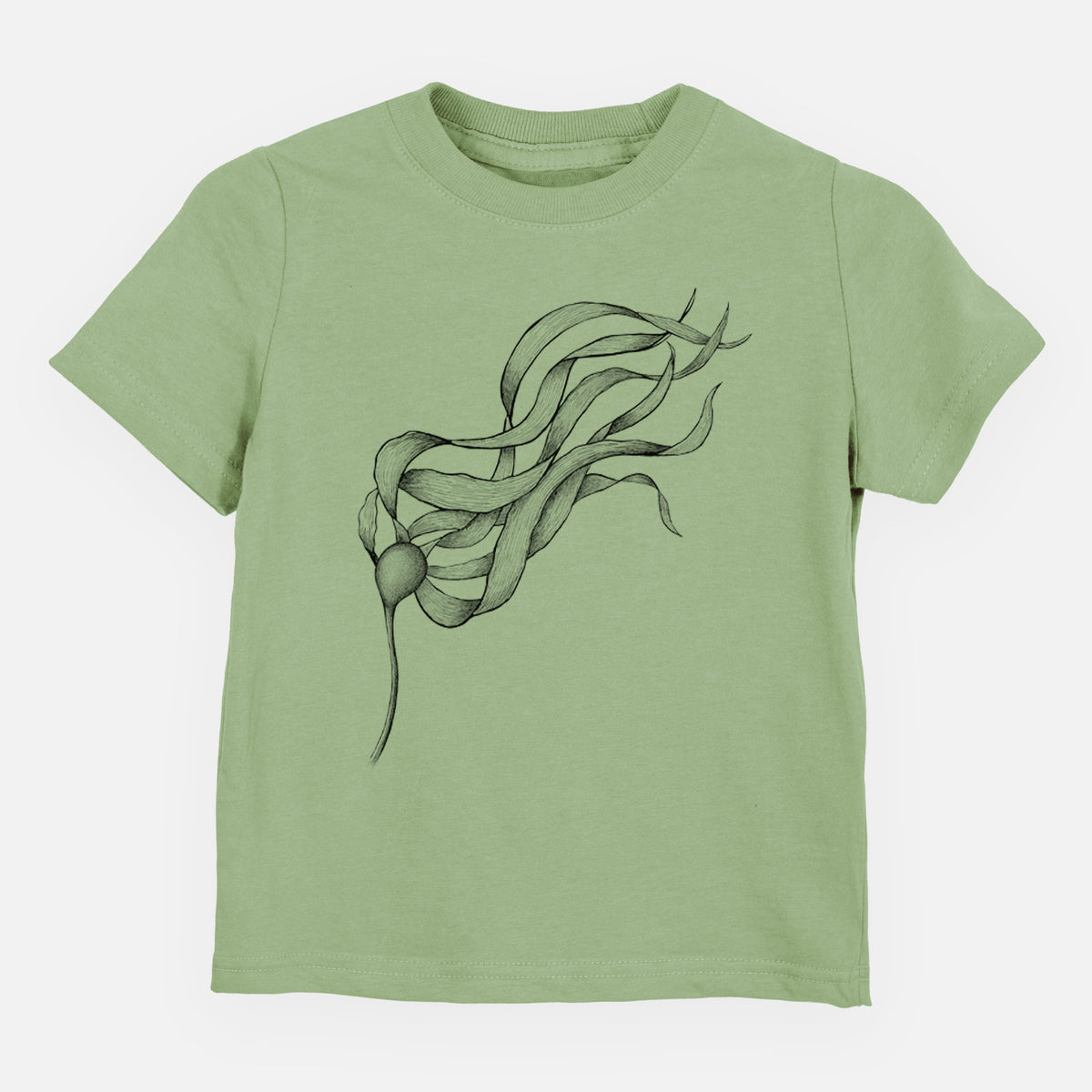 Sage green toddler t-shirt laid flat, printed with a black ink line drawing of a strand of bull kelp with long flowing blades.