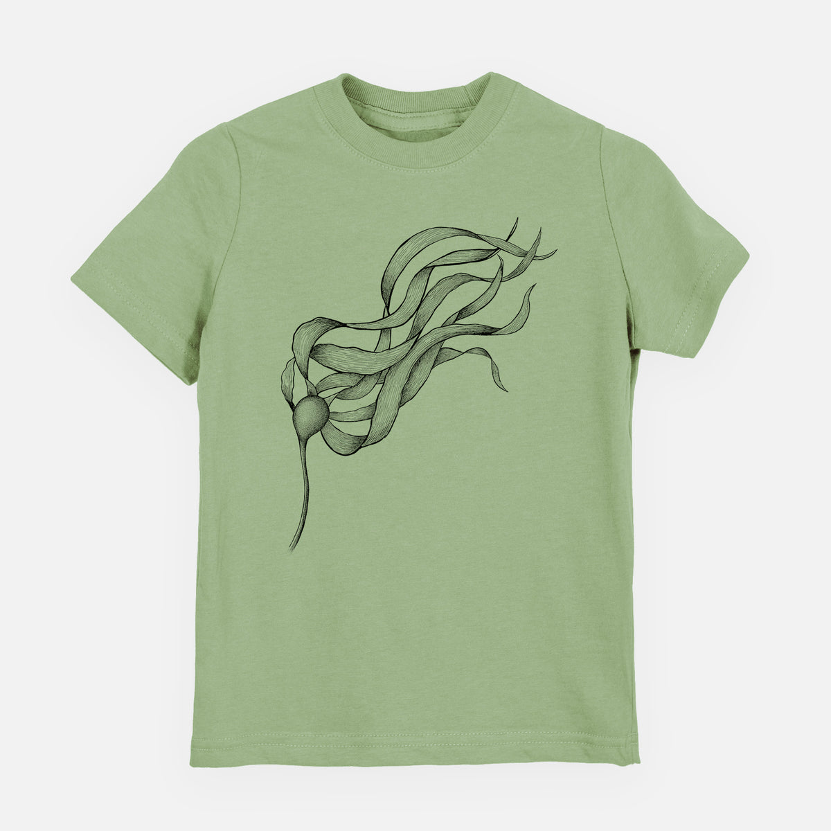 Sage green youth t-shirt laid flat, printed with a black ink line drawing of a strand of bull kelp with long flowing blades.