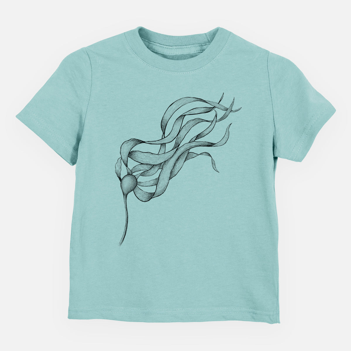 Saltwater toddler t-shirt laid flat, printed with a black ink line drawing of a strand of bull kelp with long flowing blades.