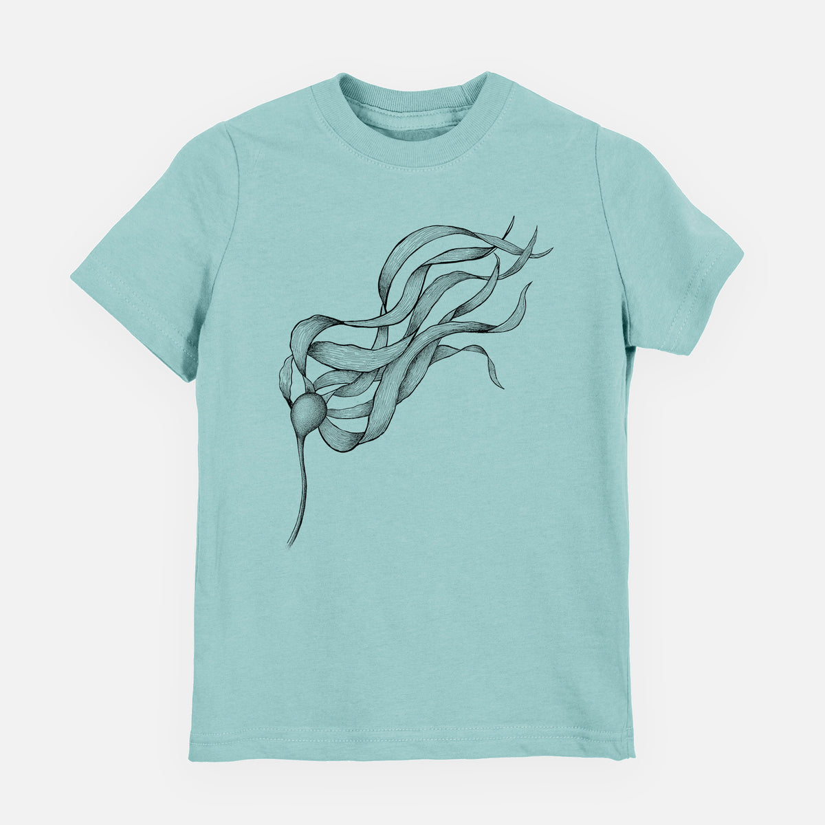 Saltwater youth t-shirt laid flat, printed with a black ink line drawing of a strand of bull kelp with long flowing blades.