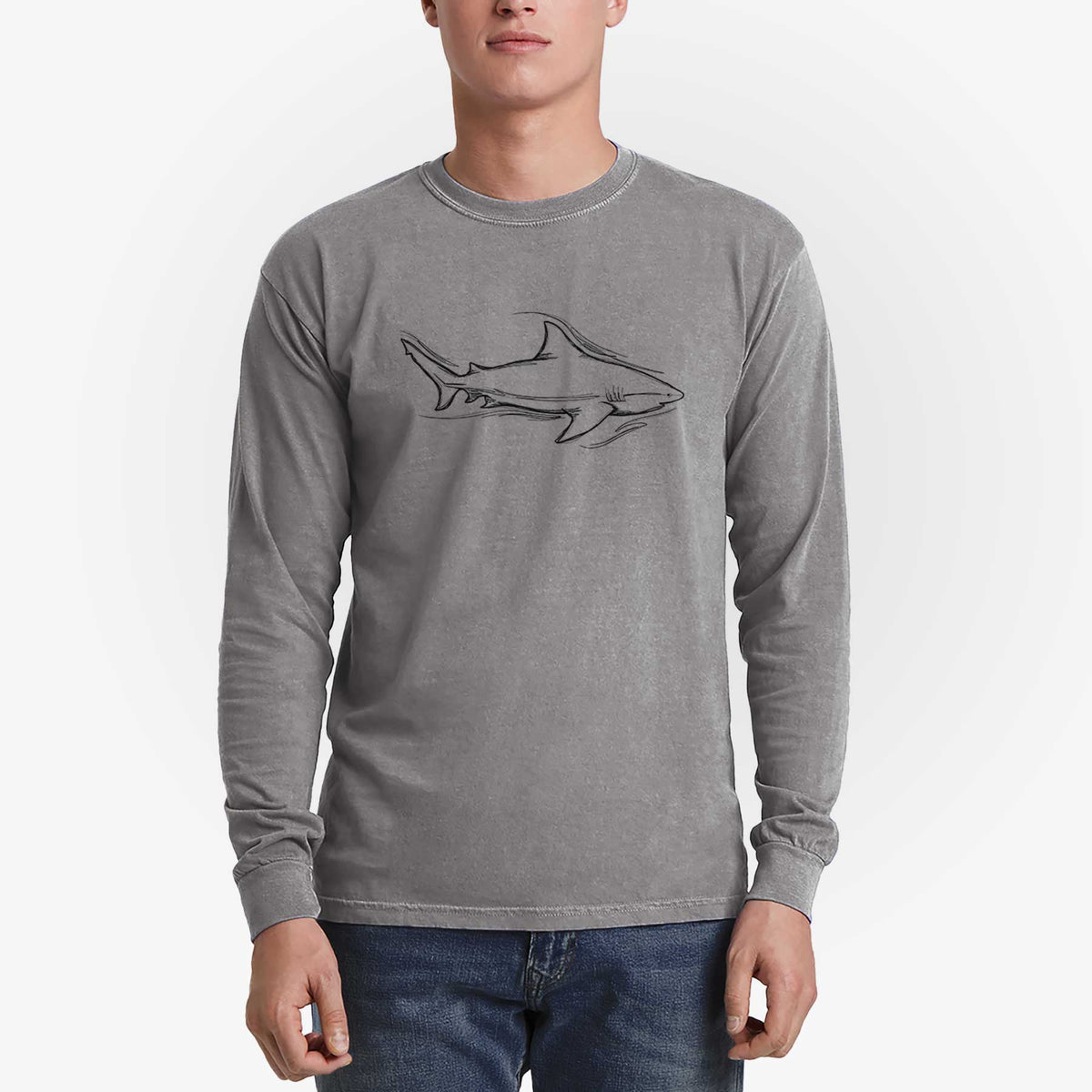 Man wearing a grey Comfort Colors long sleeve shirt printed with a black ink illustration of a bull shark swimming.