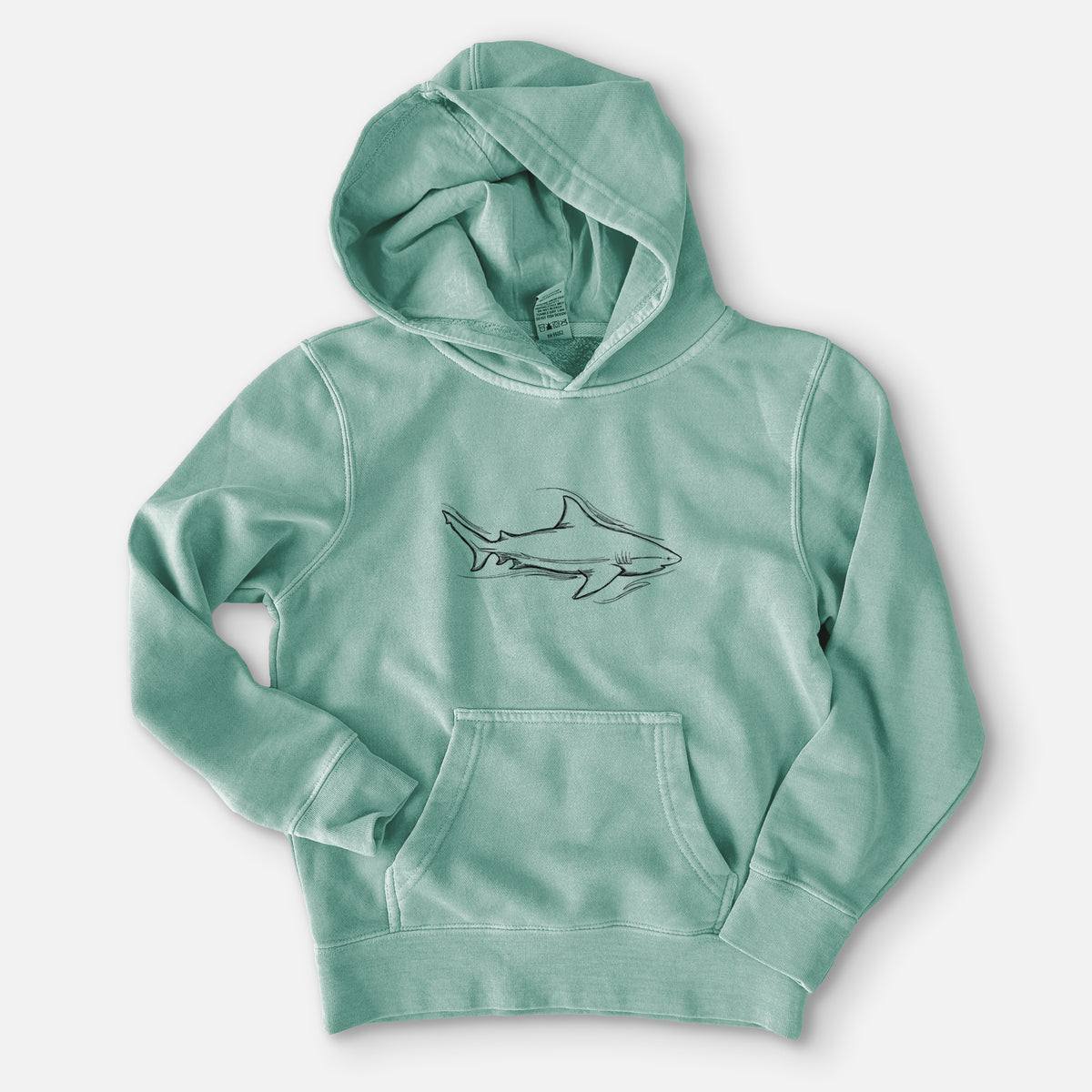 Sea green youth pigment dyed hoodie laid flat, printed with a black ink illustration of a bull shark swimming.