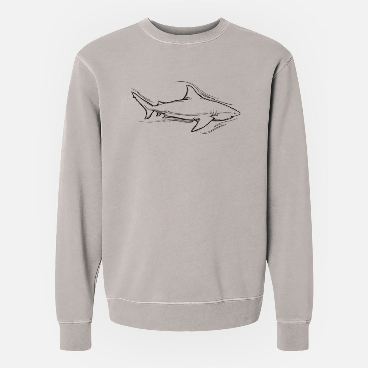 Cement grey pigment dyed crewneck sweatshirt laid flat, printed with a black ink illustration of a bull shark swimming.