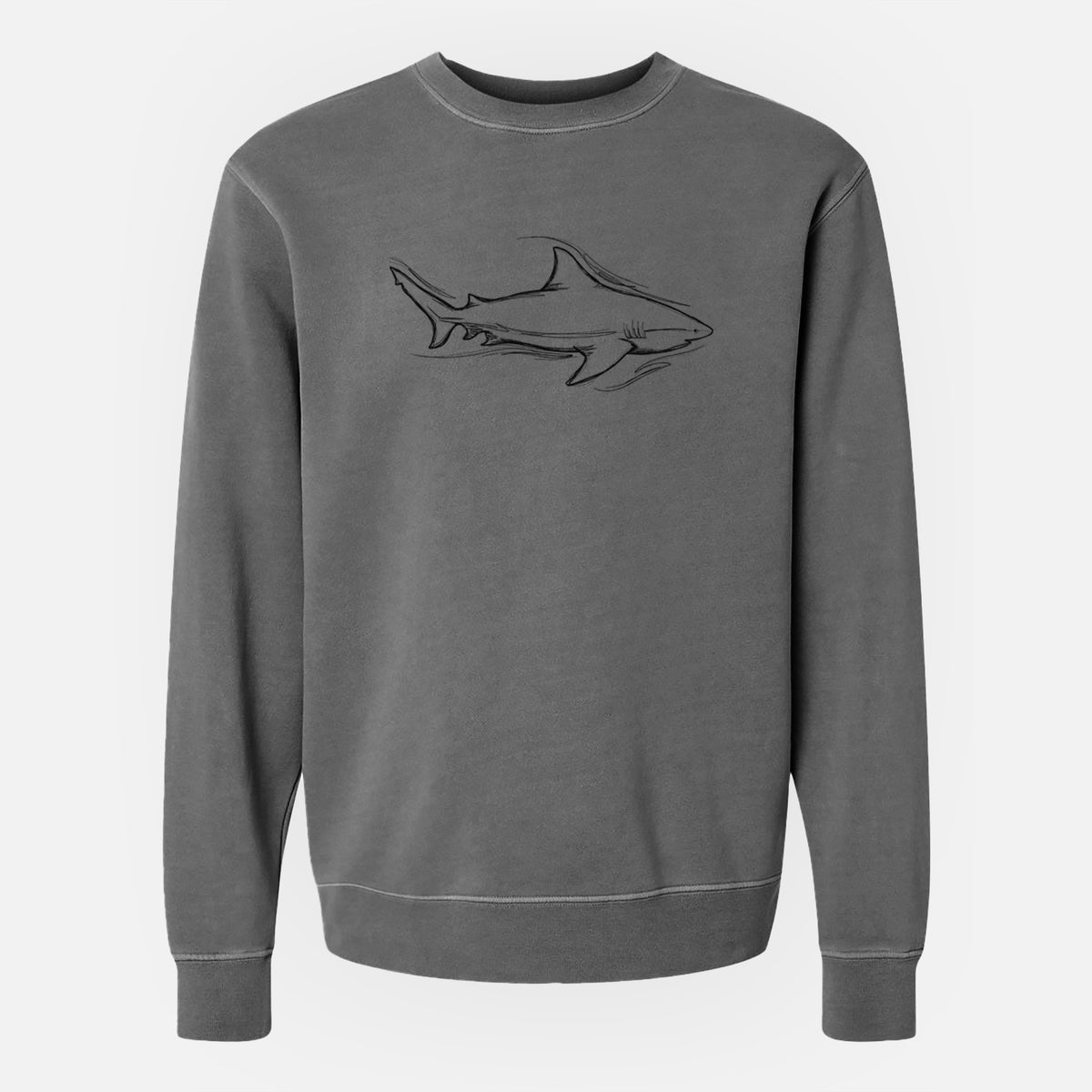 Faded black pigment dyed crewneck sweatshirt laid flat, printed with a black ink illustration of a bull shark swimming.