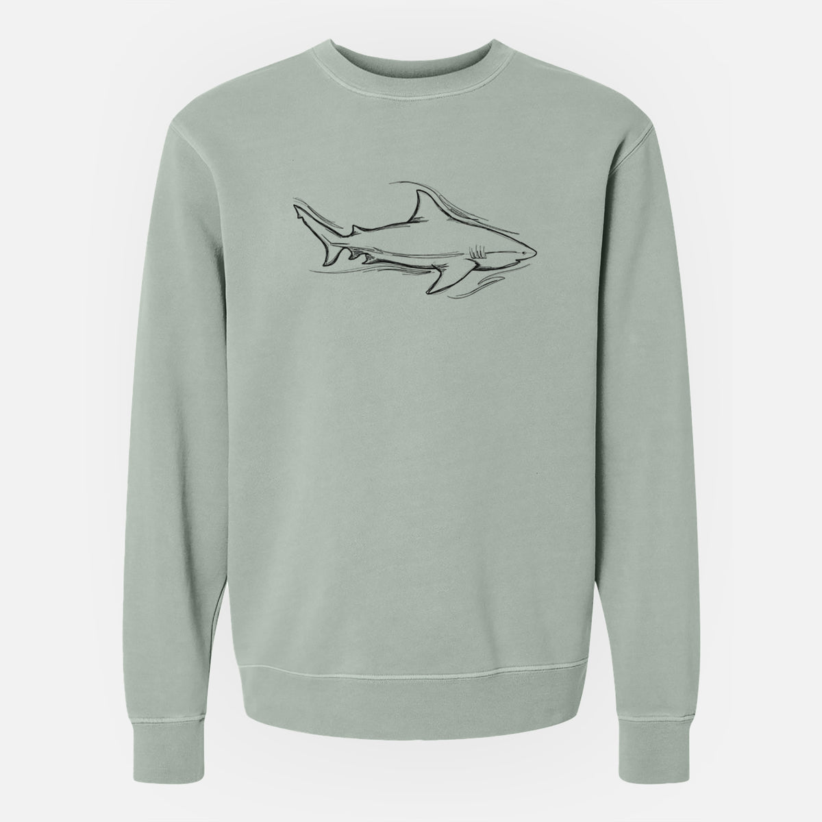 Sage green pigment dyed crewneck sweatshirt laid flat, printed with a black ink illustration of a bull shark swimming.