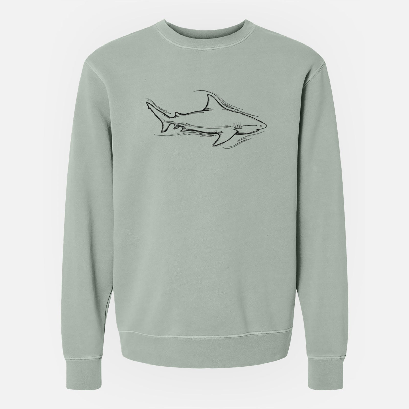 Sage green pigment dyed crewneck sweatshirt laid flat, printed with a black ink illustration of a bull shark swimming.