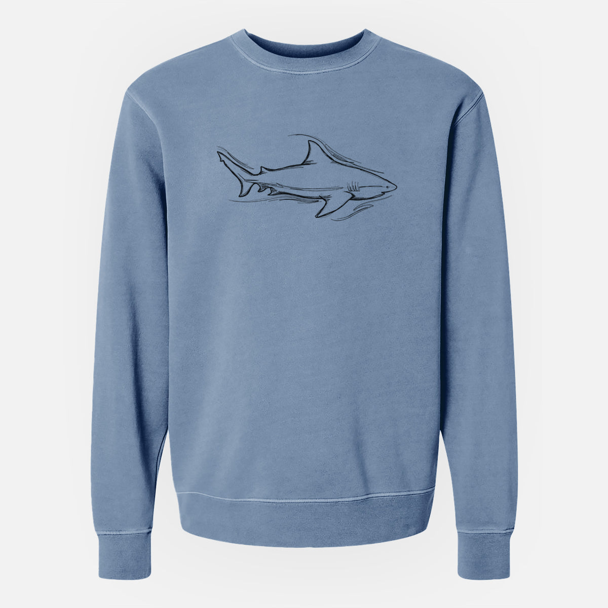Slate blue pigment dyed crewneck sweatshirt laid flat, printed with a black ink illustration of a bull shark swimming.