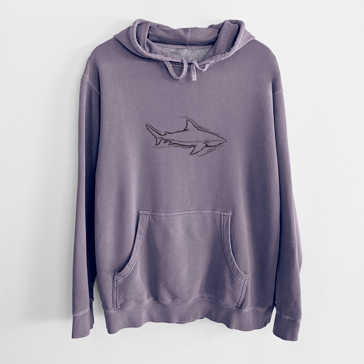 Plum purple pigment dyed hoodie laid flat, printed with a black ink illustration of a bull shark swimming.