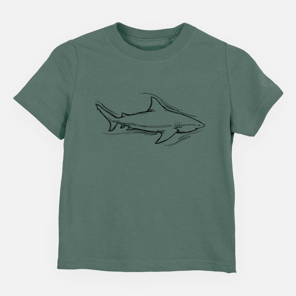Basil green toddler t-shirt laid flat, printed with a black ink illustration of a bull shark swimming.