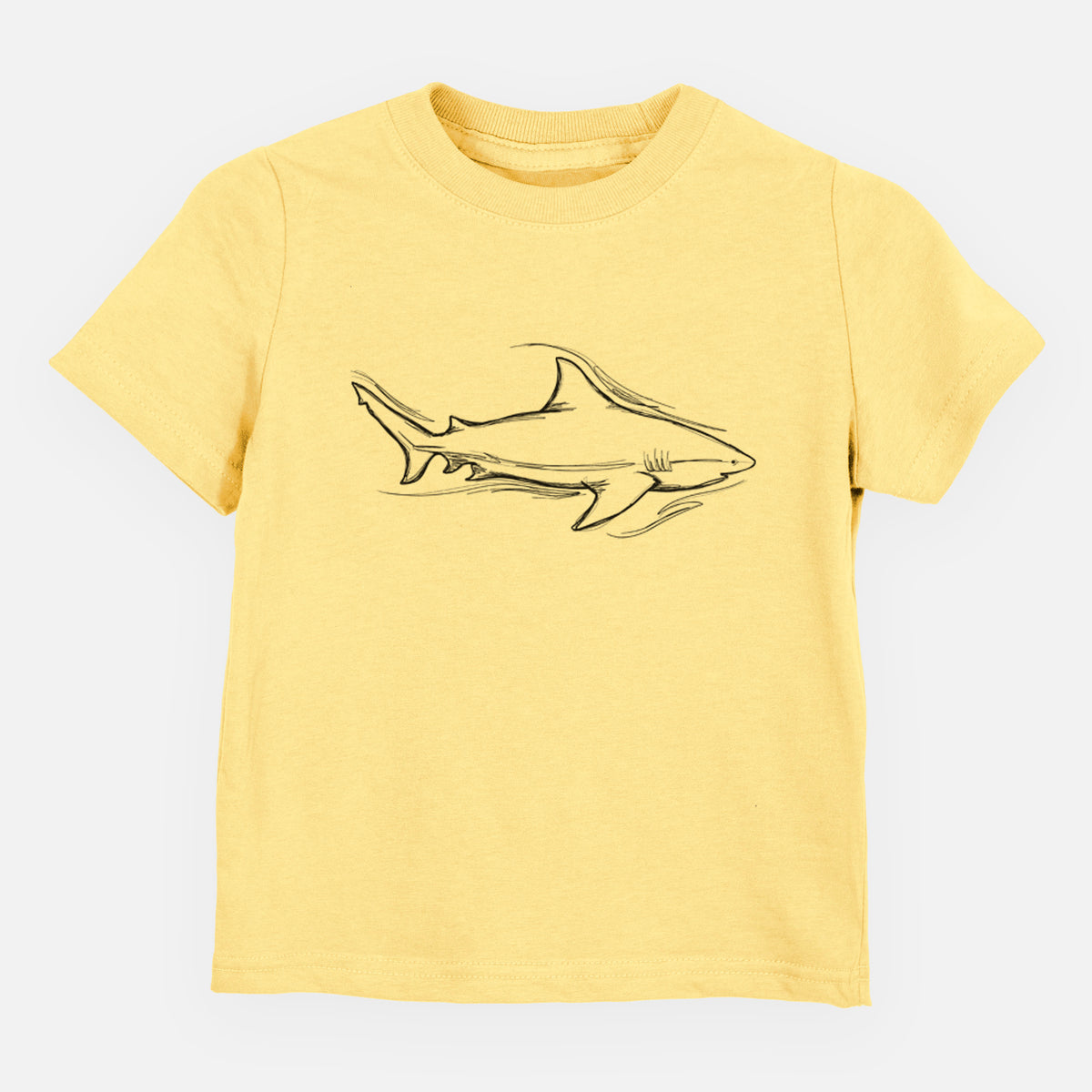 Butter yellow toddler t-shirt laid flat, printed with a black ink illustration of a bull shark swimming.