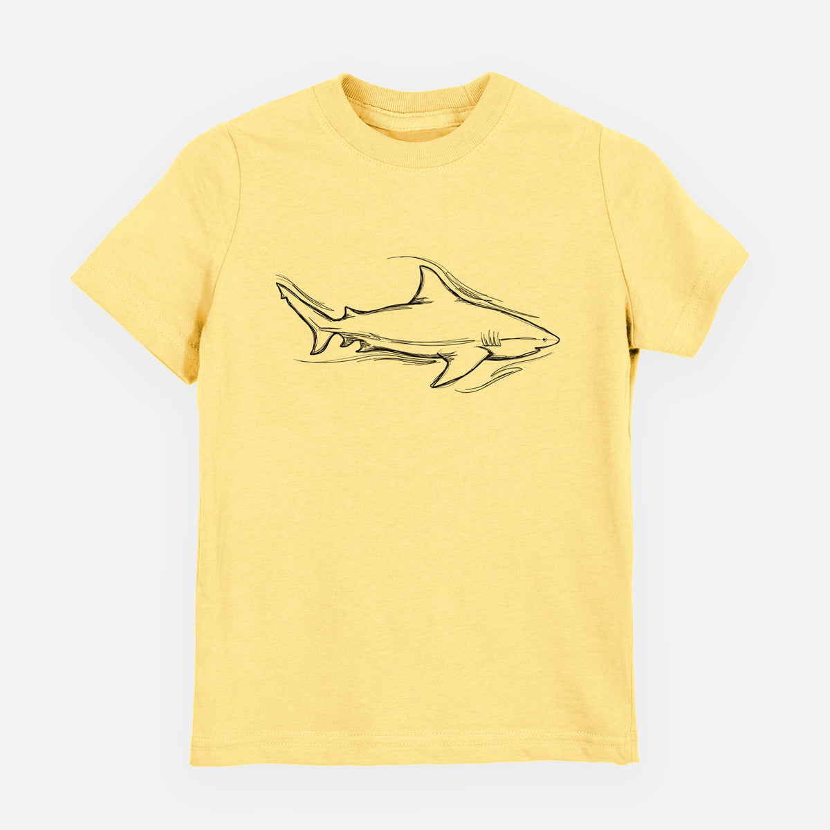 Butter yellow youth t-shirt laid flat, printed with a black ink illustration of a bull shark swimming.