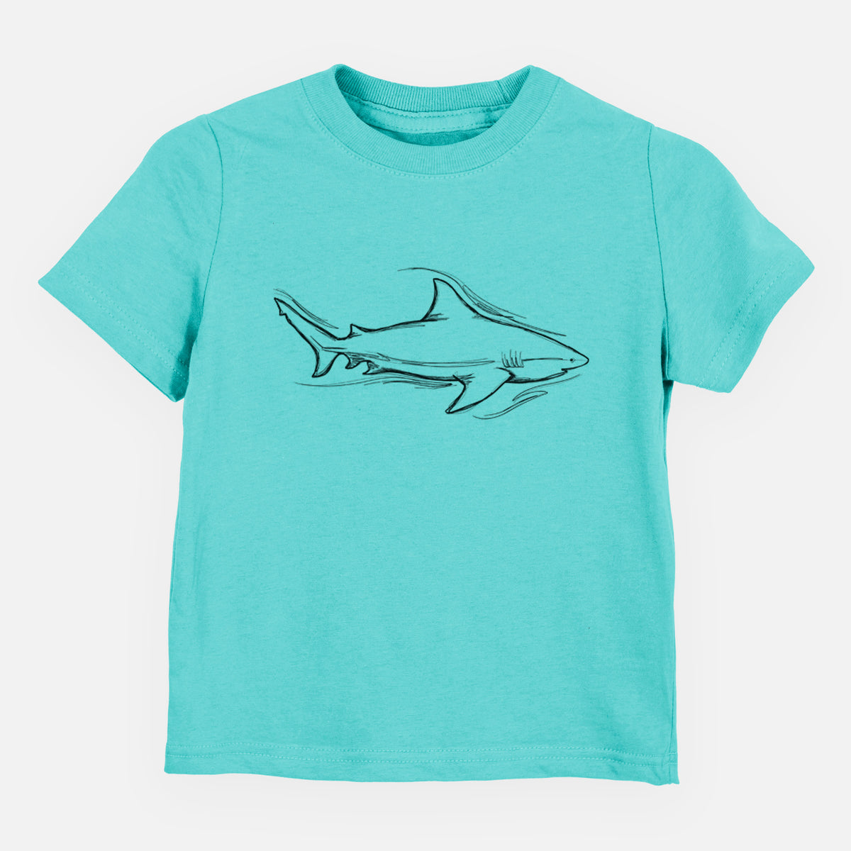Caribbean blue toddler t-shirt laid flat, printed with a black ink illustration of a bull shark swimming.