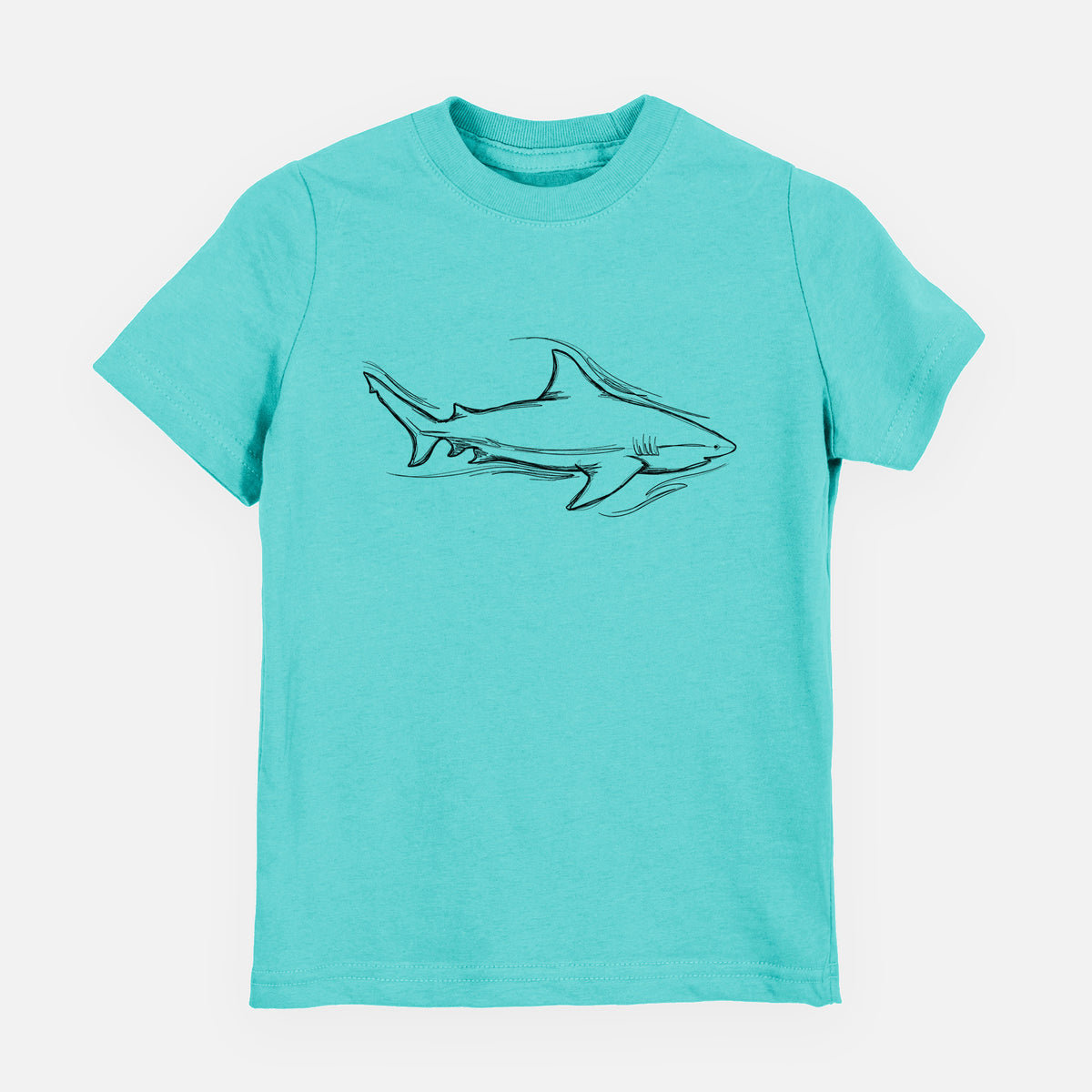 Caribbean blue youth t-shirt laid flat, printed with a black ink illustration of a bull shark swimming.