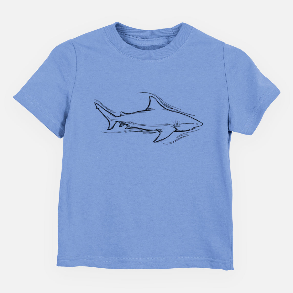 Carolina blue toddler t-shirt laid flat, printed with a black ink illustration of a bull shark swimming.