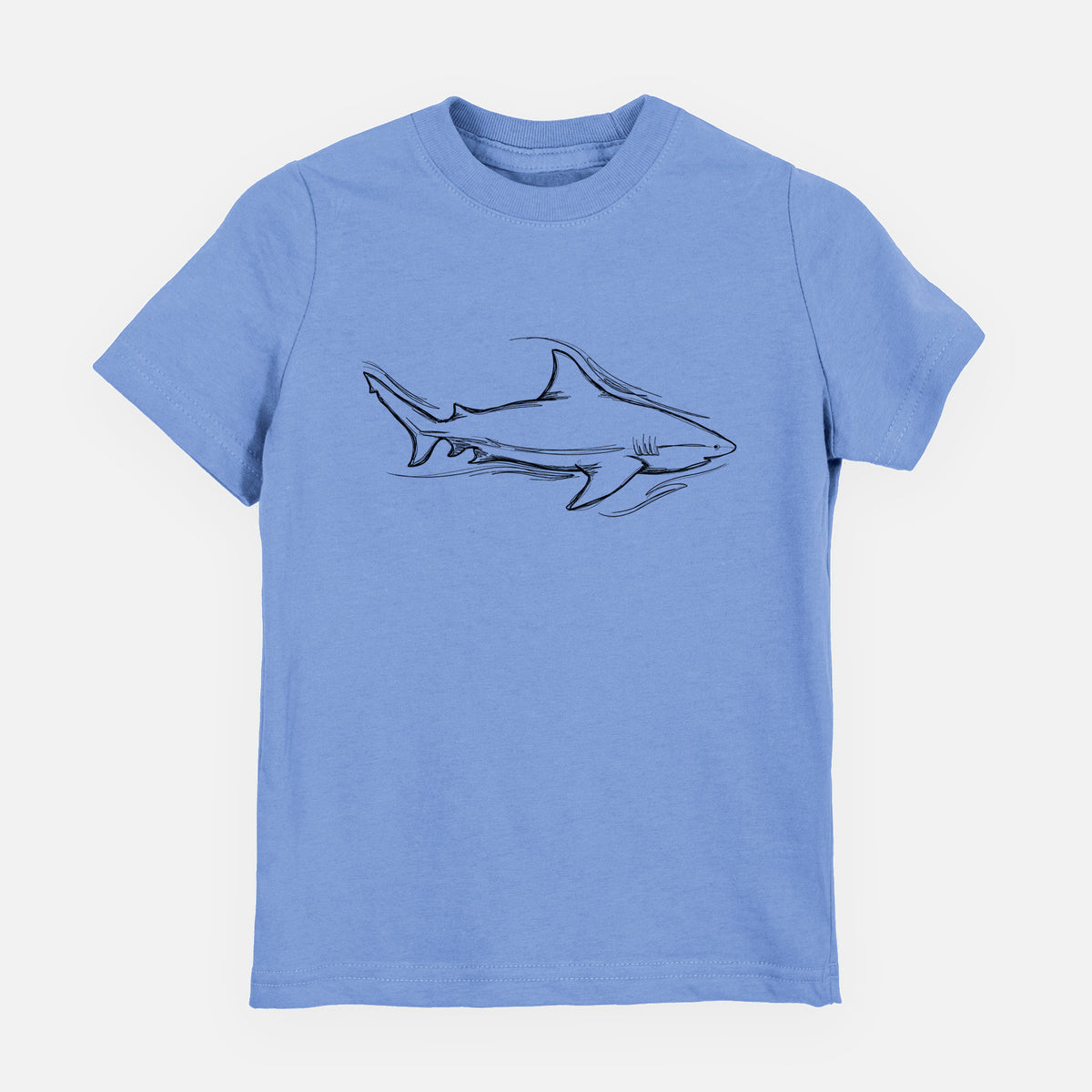 Carolina blue youth t-shirt laid flat, printed with a black ink illustration of a bull shark swimming.