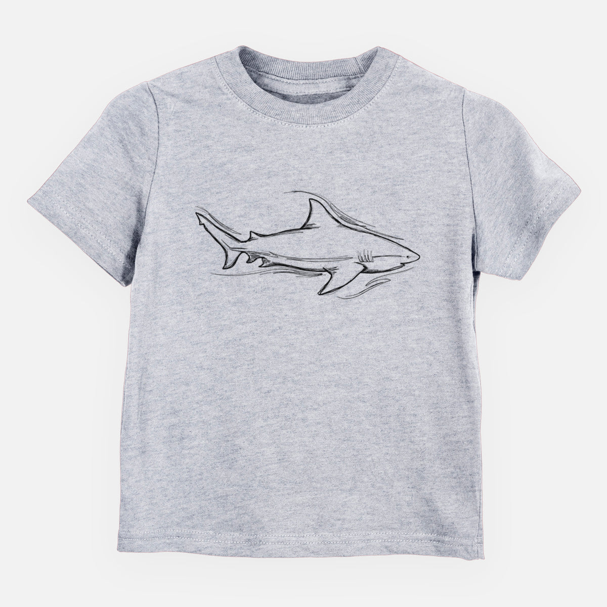 Heather grey toddler t-shirt laid flat, printed with a black ink illustration of a bull shark swimming.
