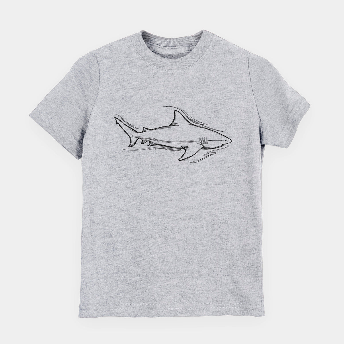 Heather grey youth t-shirt laid flat, printed with a black ink illustration of a bull shark swimming.