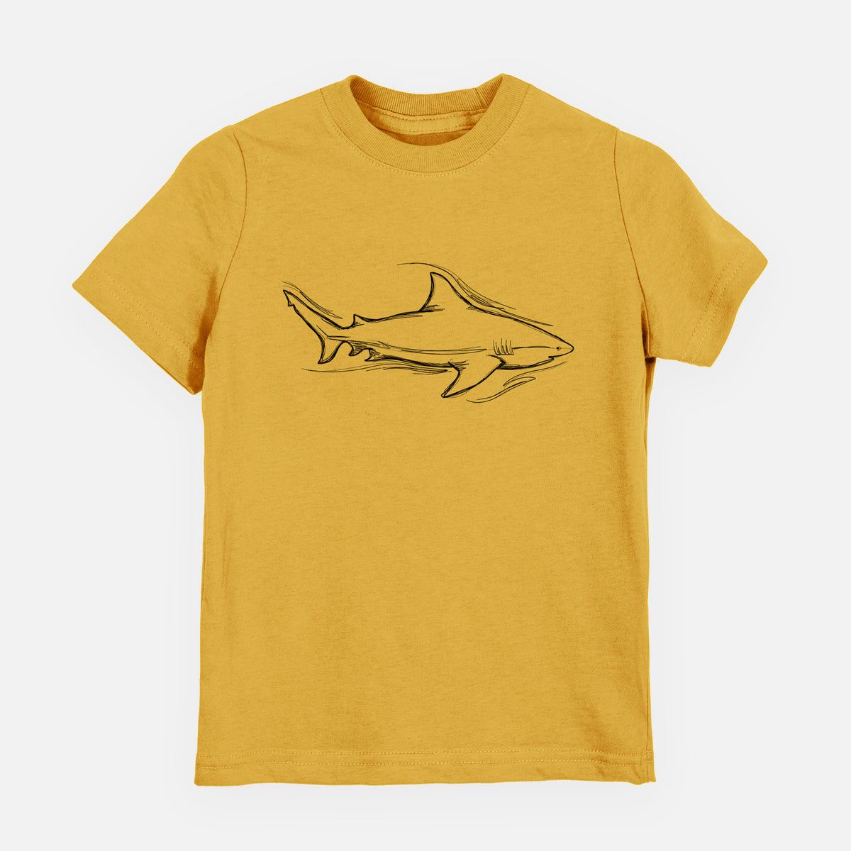 Honeycomb yellow youth t-shirt laid flat, printed with a black ink illustration of a bull shark swimming.