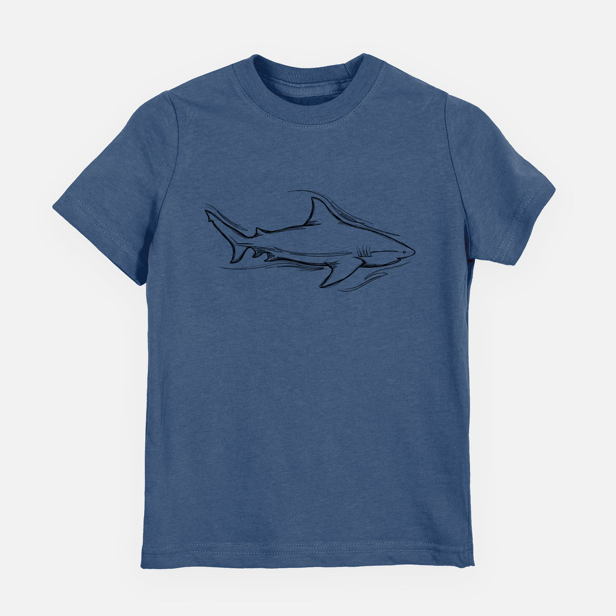 Indigo blue youth t-shirt laid flat, printed with a black ink illustration of a bull shark swimming.