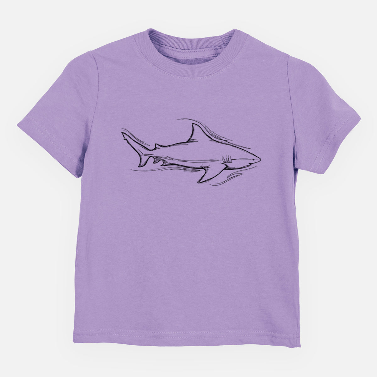Lavender toddler t-shirt laid flat, printed with a black ink illustration of a bull shark swimming.