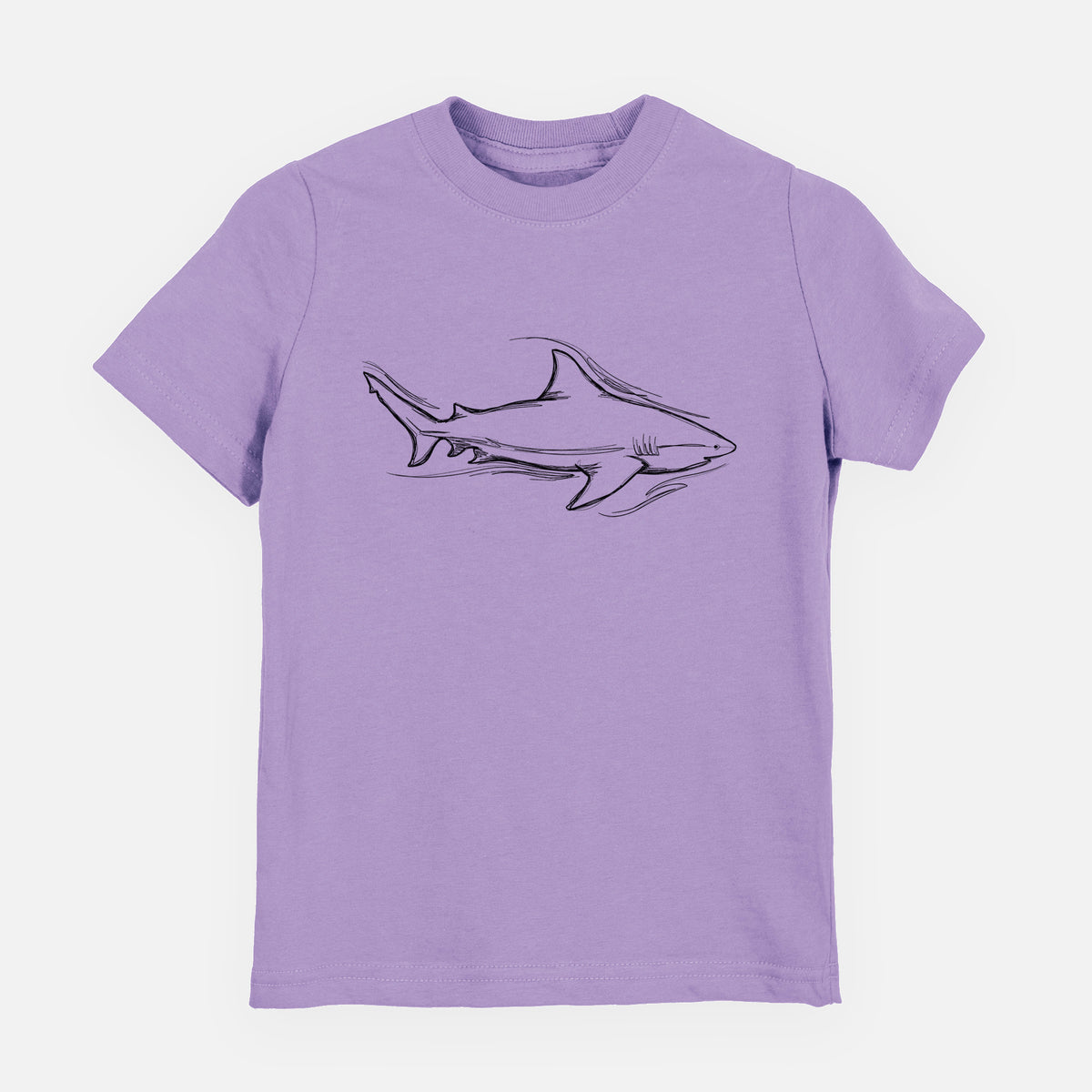 Lavender youth t-shirt laid flat, printed with a black ink illustration of a bull shark swimming.