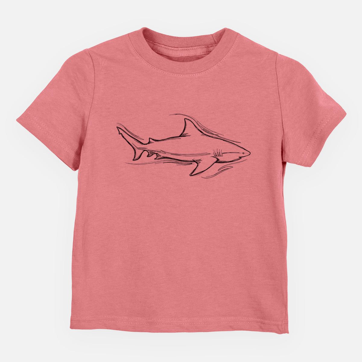 Mauve pink toddler t-shirt laid flat, printed with a black ink illustration of a bull shark swimming.