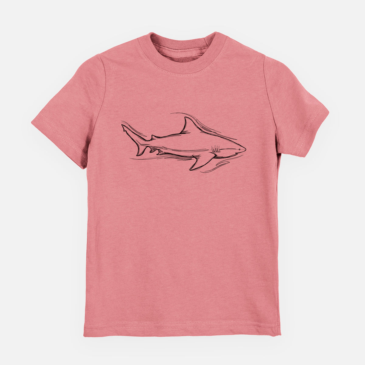 Mauve pink youth t-shirt laid flat, printed with a black ink illustration of a bull shark swimming.