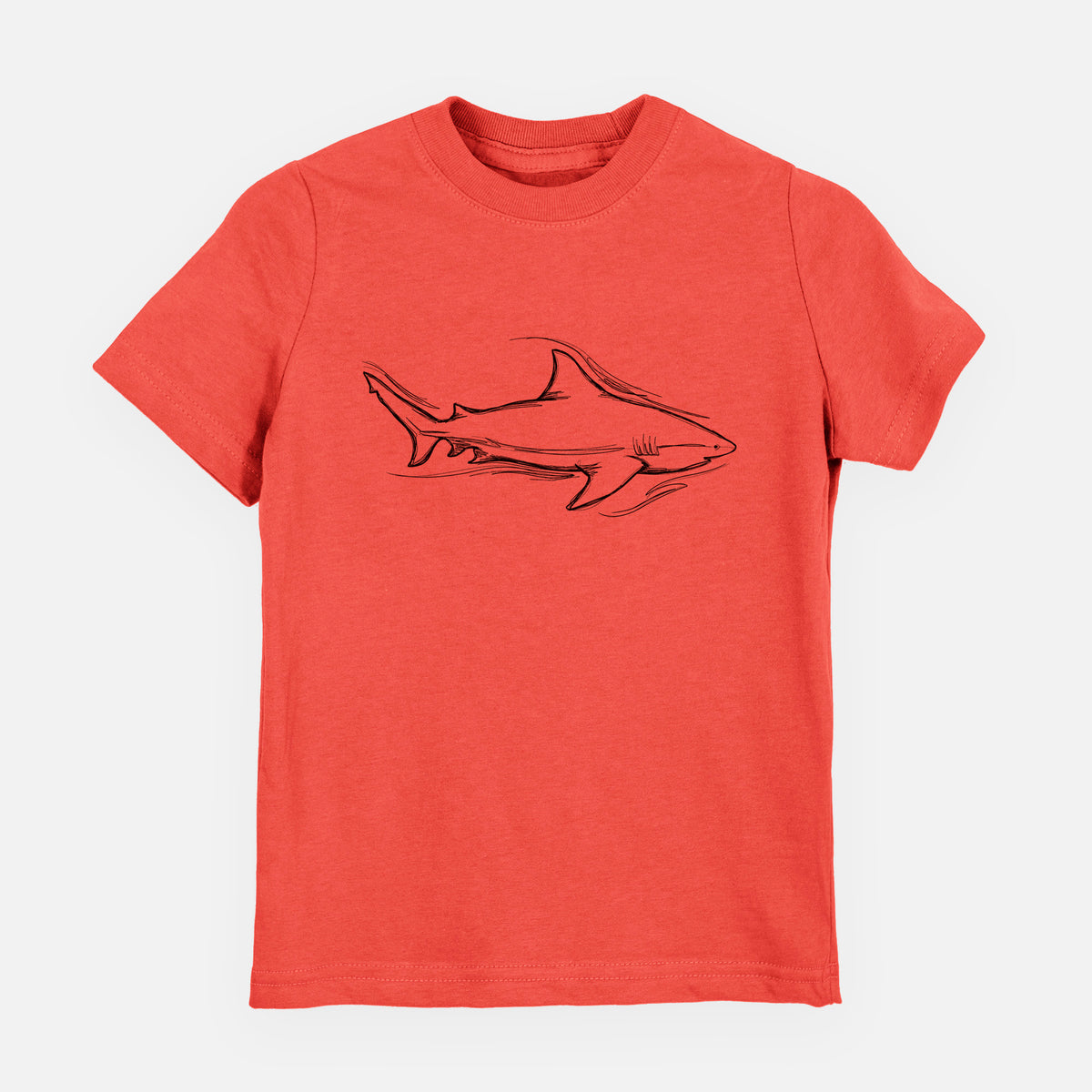 Passionfruit pink youth t-shirt laid flat, printed with a black ink illustration of a bull shark swimming.