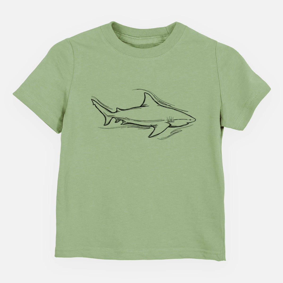 Sage green toddler t-shirt laid flat, printed with a black ink illustration of a bull shark swimming.