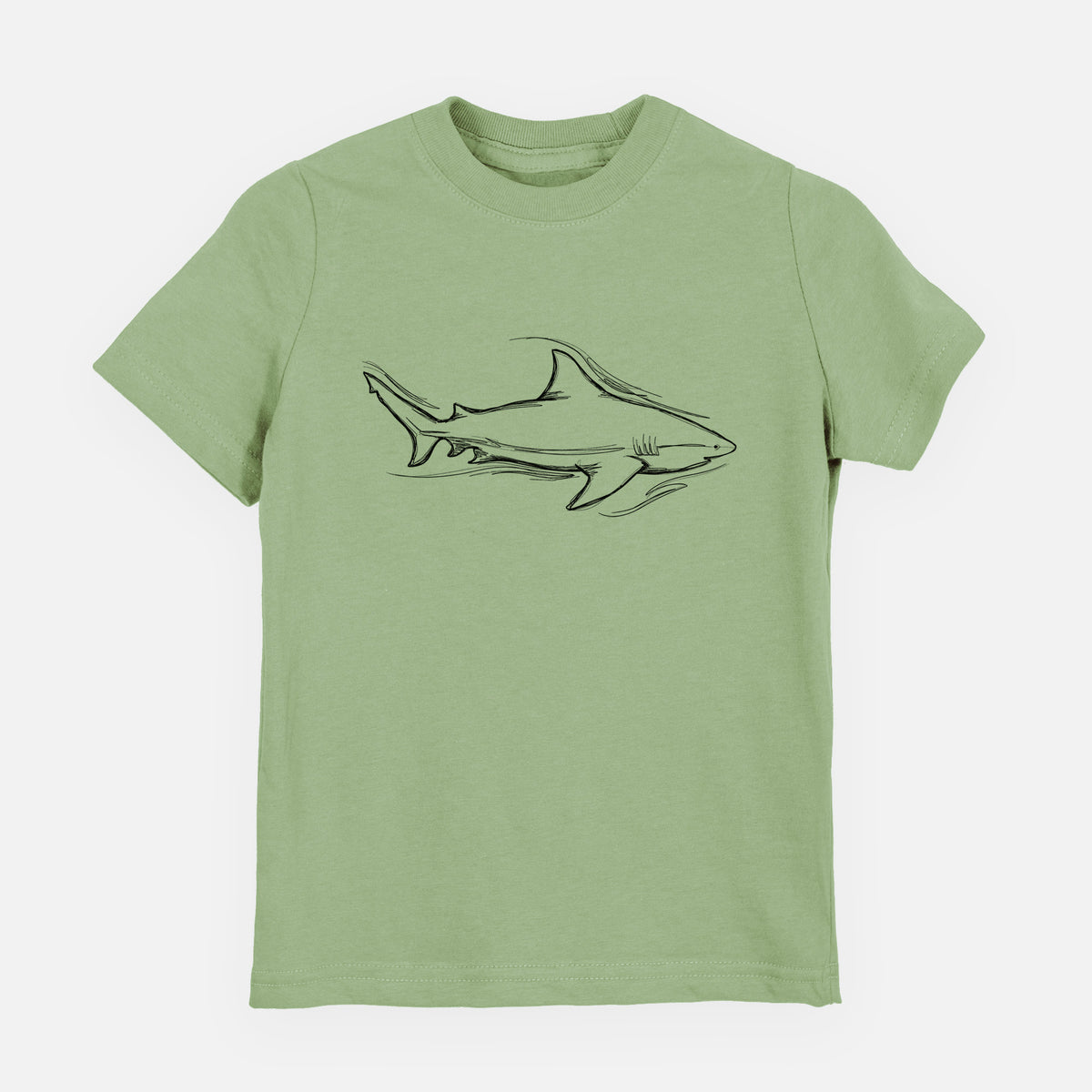 Sage green youth t-shirt laid flat, printed with a black ink illustration of a bull shark swimming.