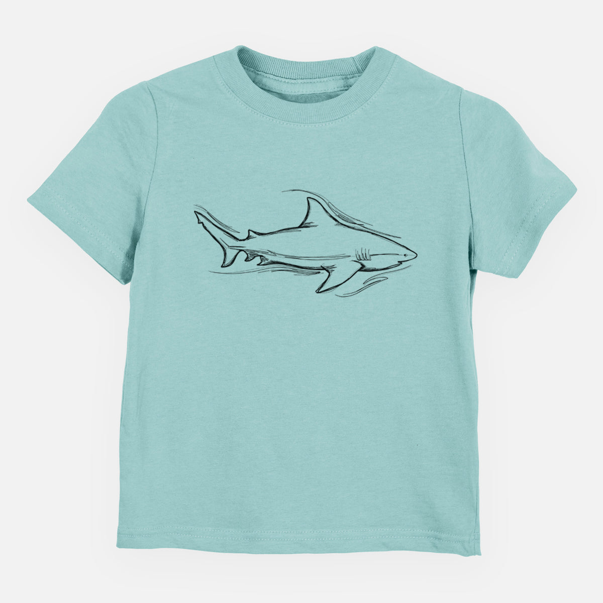 Saltwater toddler t-shirt laid flat, printed with a black ink illustration of a bull shark swimming.